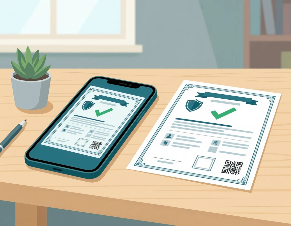 스마트폰 앱과 출력된 예방접종 증명서