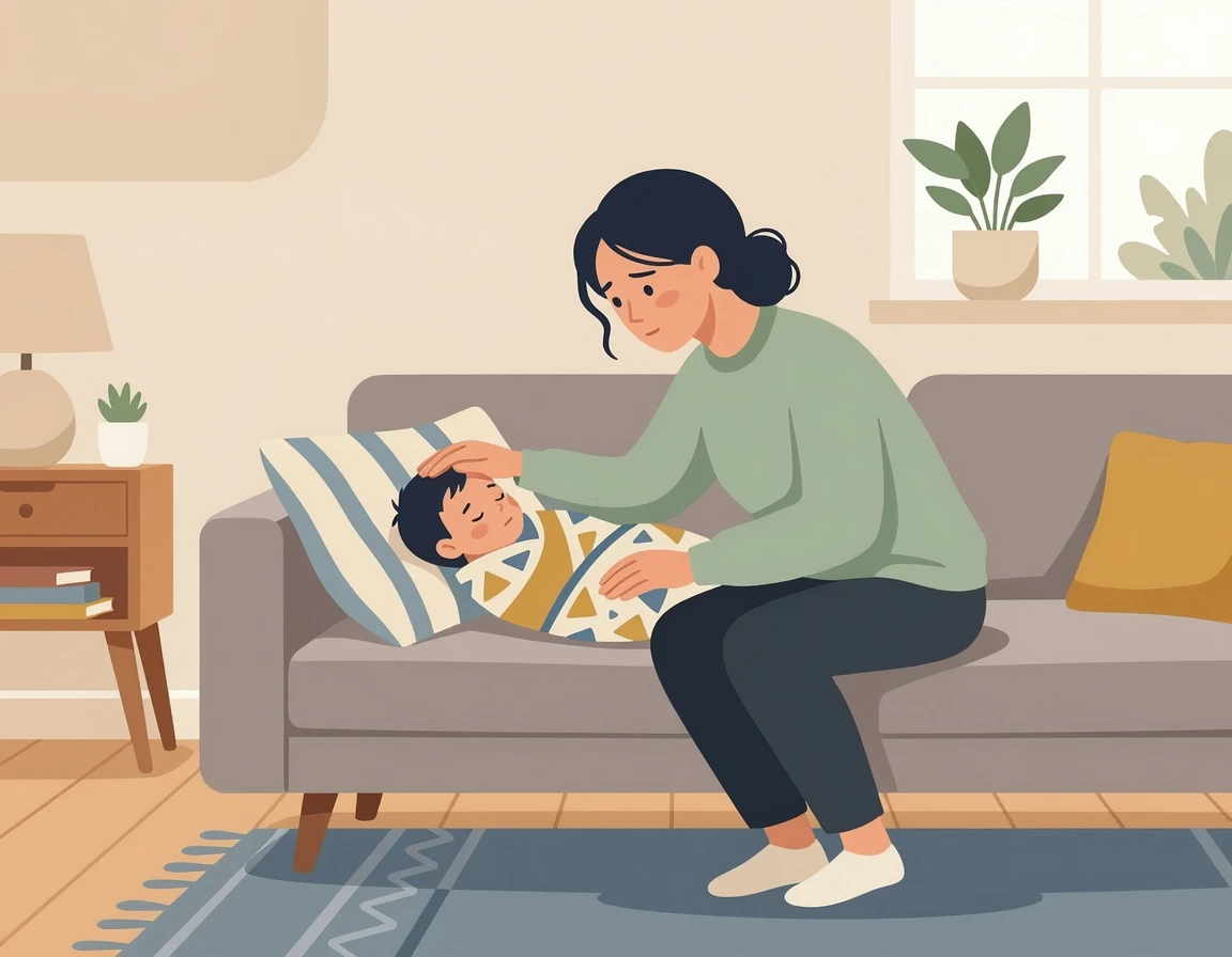 열이 나는 아기를 걱정스럽게 바라보는 엄마