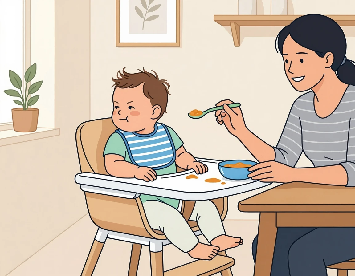 이유식을 거부하며 고개를 돌리는 7개월 아기 일러스트