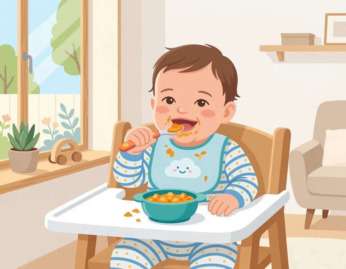 낮에 이유식을 든든하게 먹는 9개월 아기 일러스트