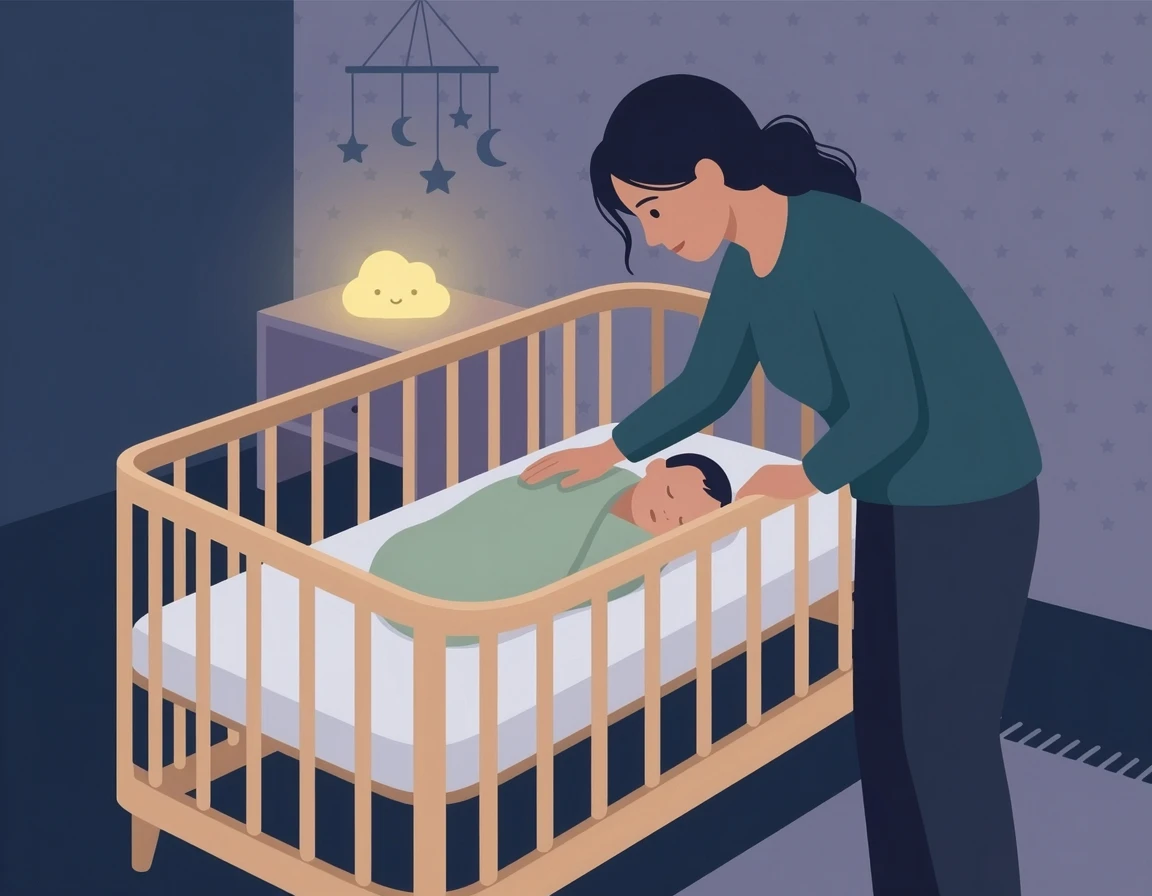 어두운 방에서 아기 침대에 누운 아기를 토닥이는 엄마 일러스트
