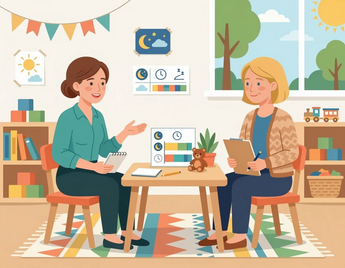 어린이집 선생님과 상담하는 엄마