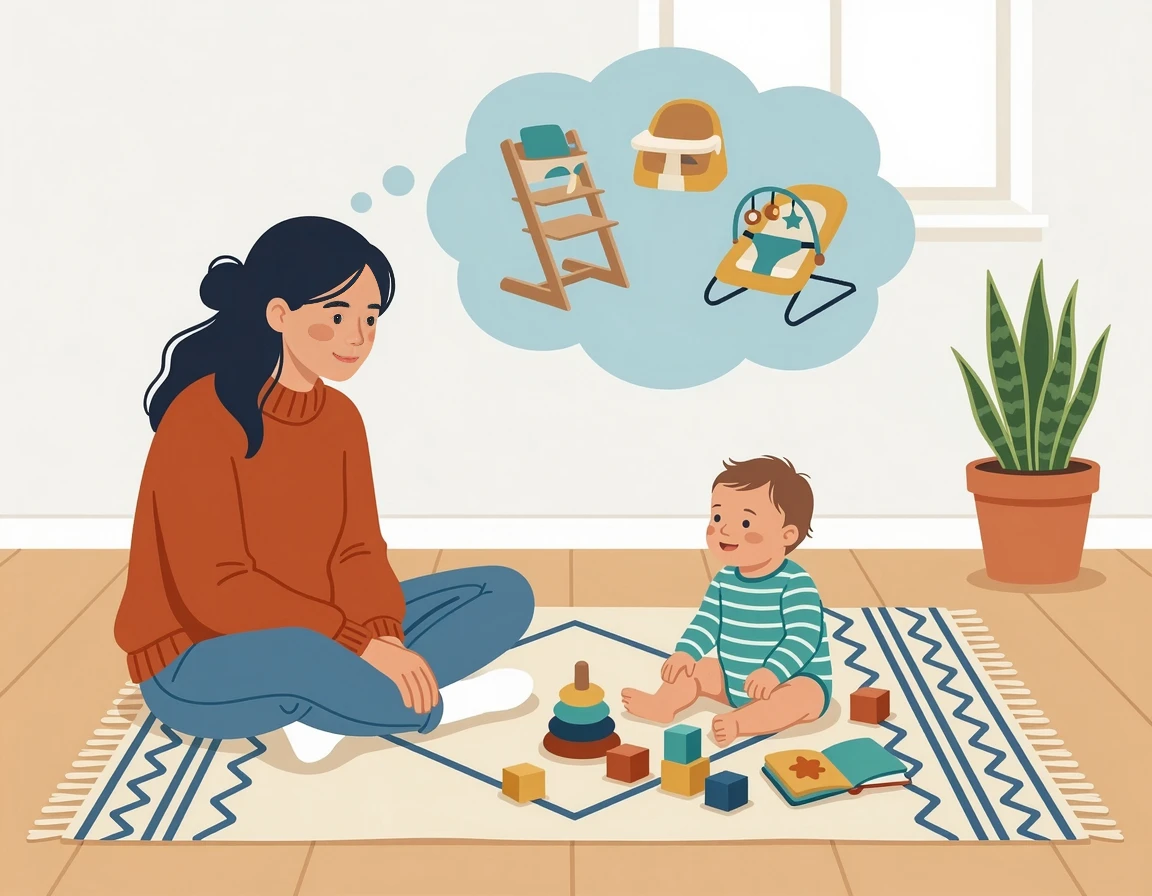 이유식 의자를 고민하는 엄마와 앉아있는 6개월 아기 일러스트