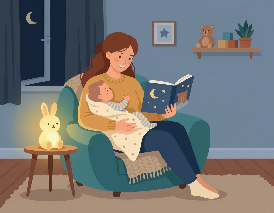 어두운 방에서 수면등을 켜고 아기에게 책을 읽어주는 모습