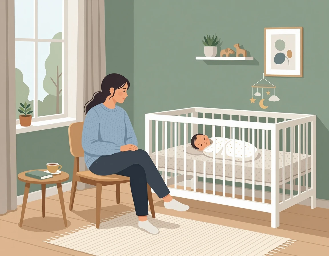 아기 침대 옆 의자에 앉아 점진적 거리두기를 실천하는 엄마