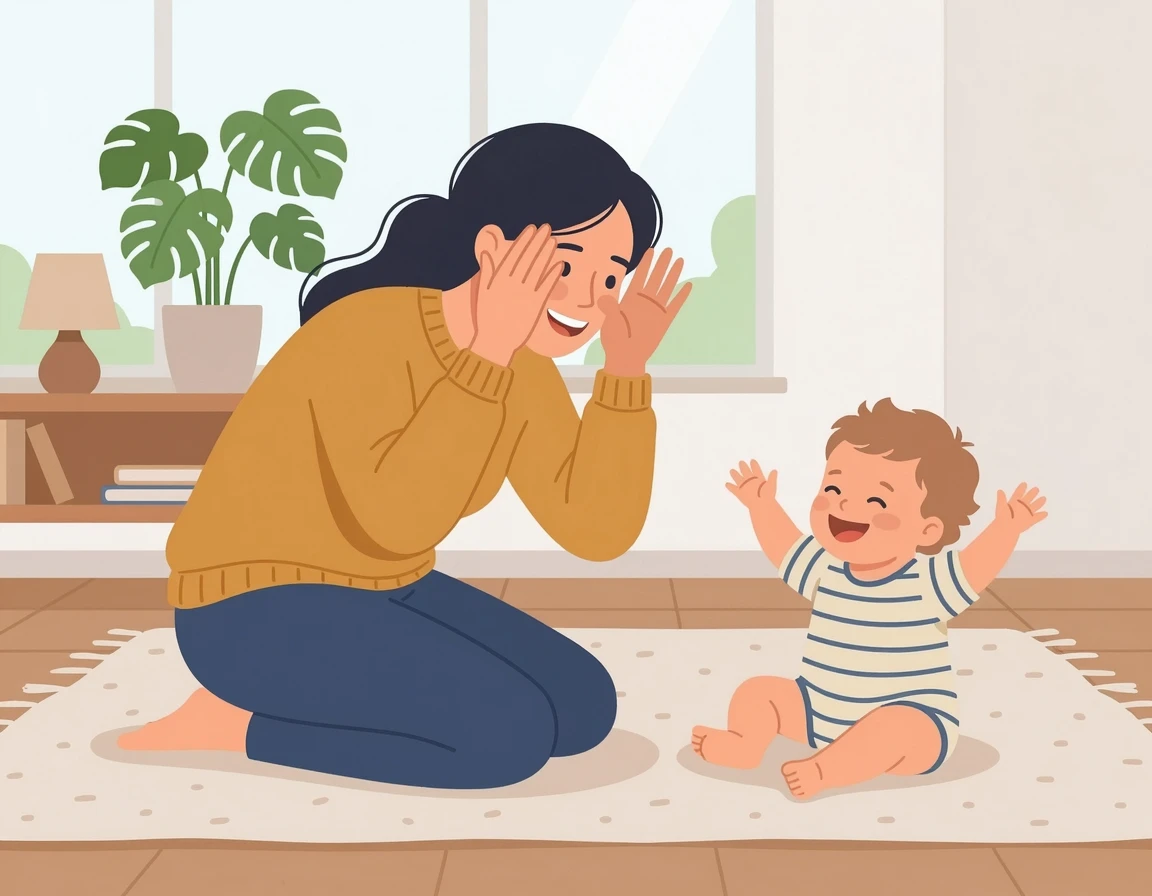 낮 시간에 아기와 까꿍 놀이를 하며 애착을 형성하는 엄마