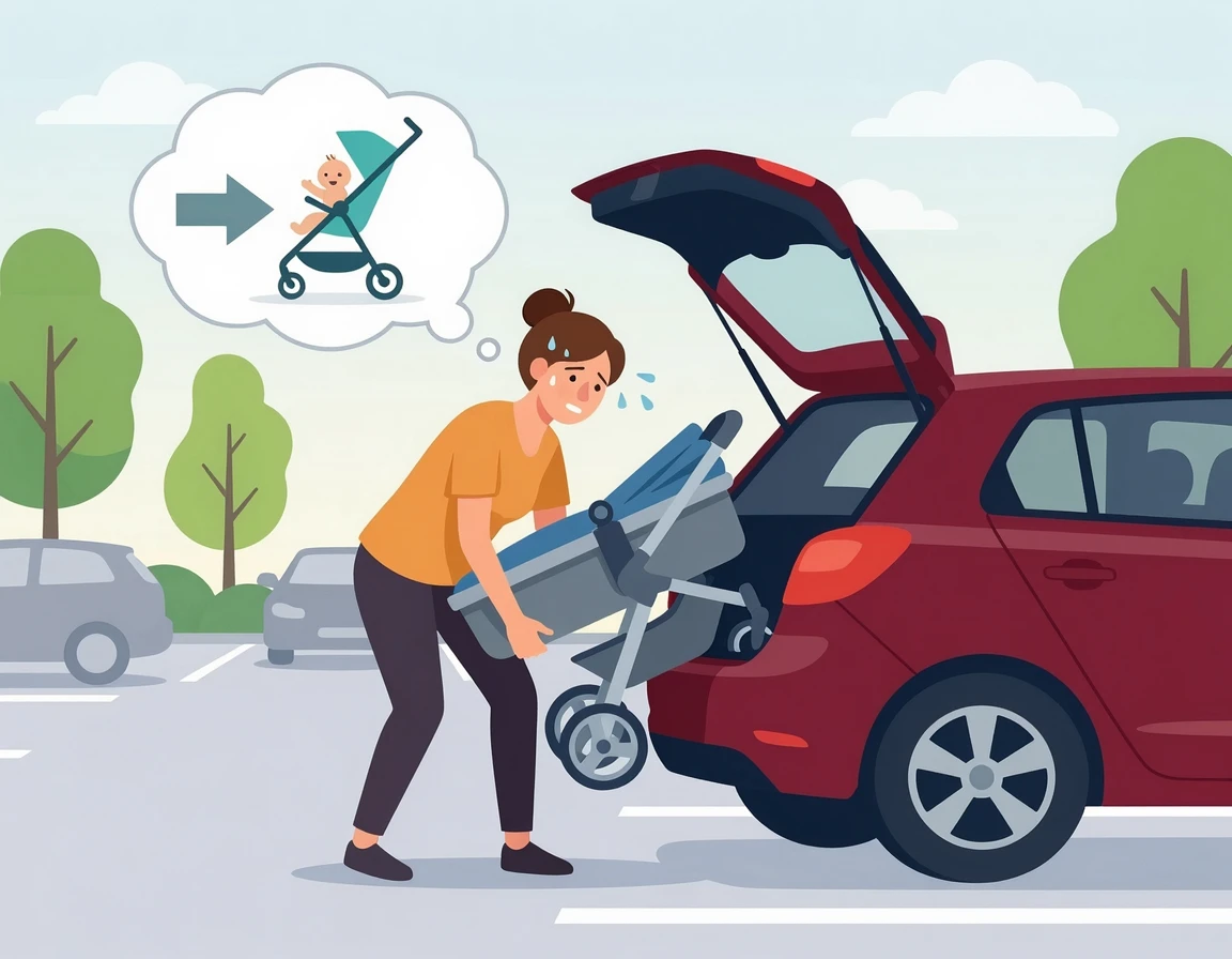 무거운 디럭스 유모차로 힘들어하는 엄마 일러스트