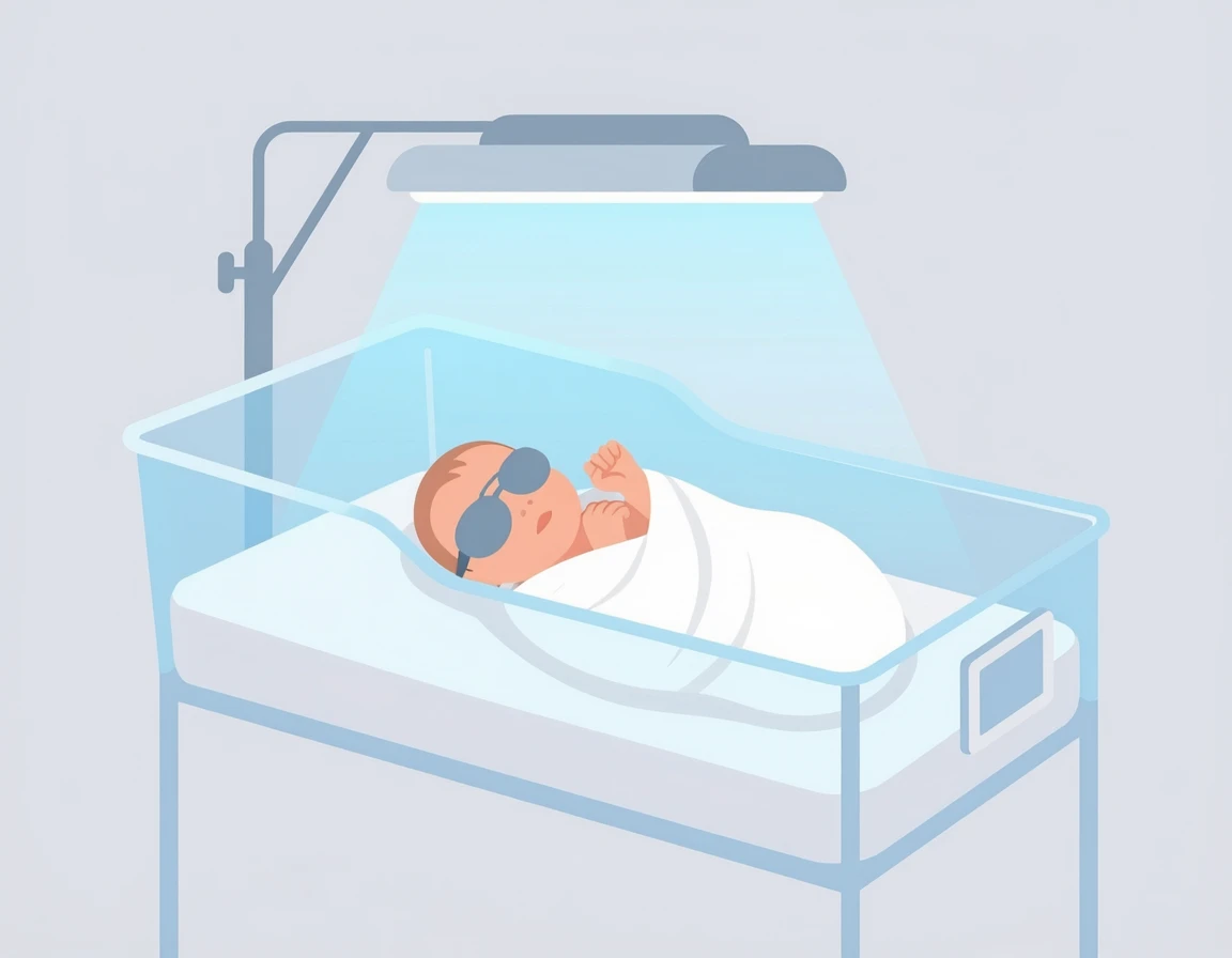 안대를 착용하고 푸른 광선치료기 아래 누워있는 신생아