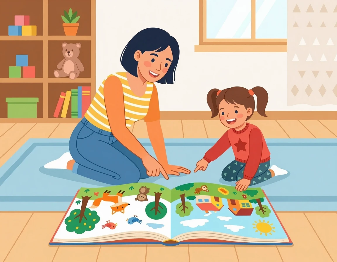 바닥에 펼쳐진 큰 책을 함께 가리키며 놀이하는 부모와 아이