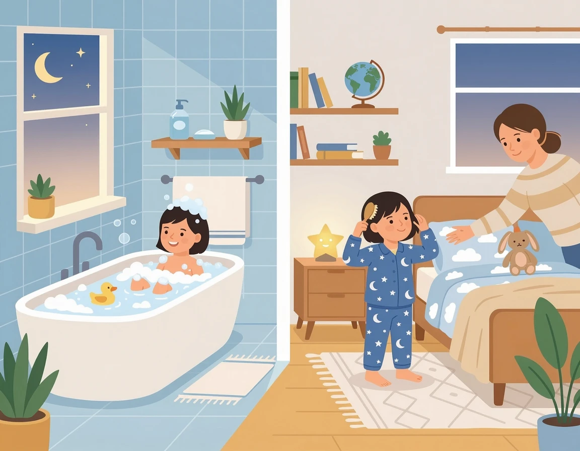 저녁 목욕과 수면 의식을 진행하는 모습