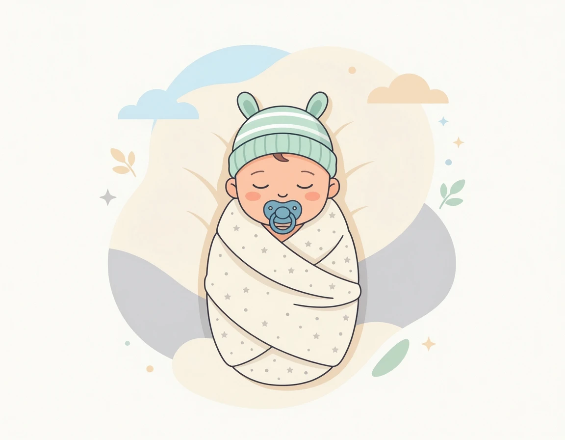 따뜻한 면 모자를 쓰고 쪽쪽이를 물고 평온해진 아기 일러스트