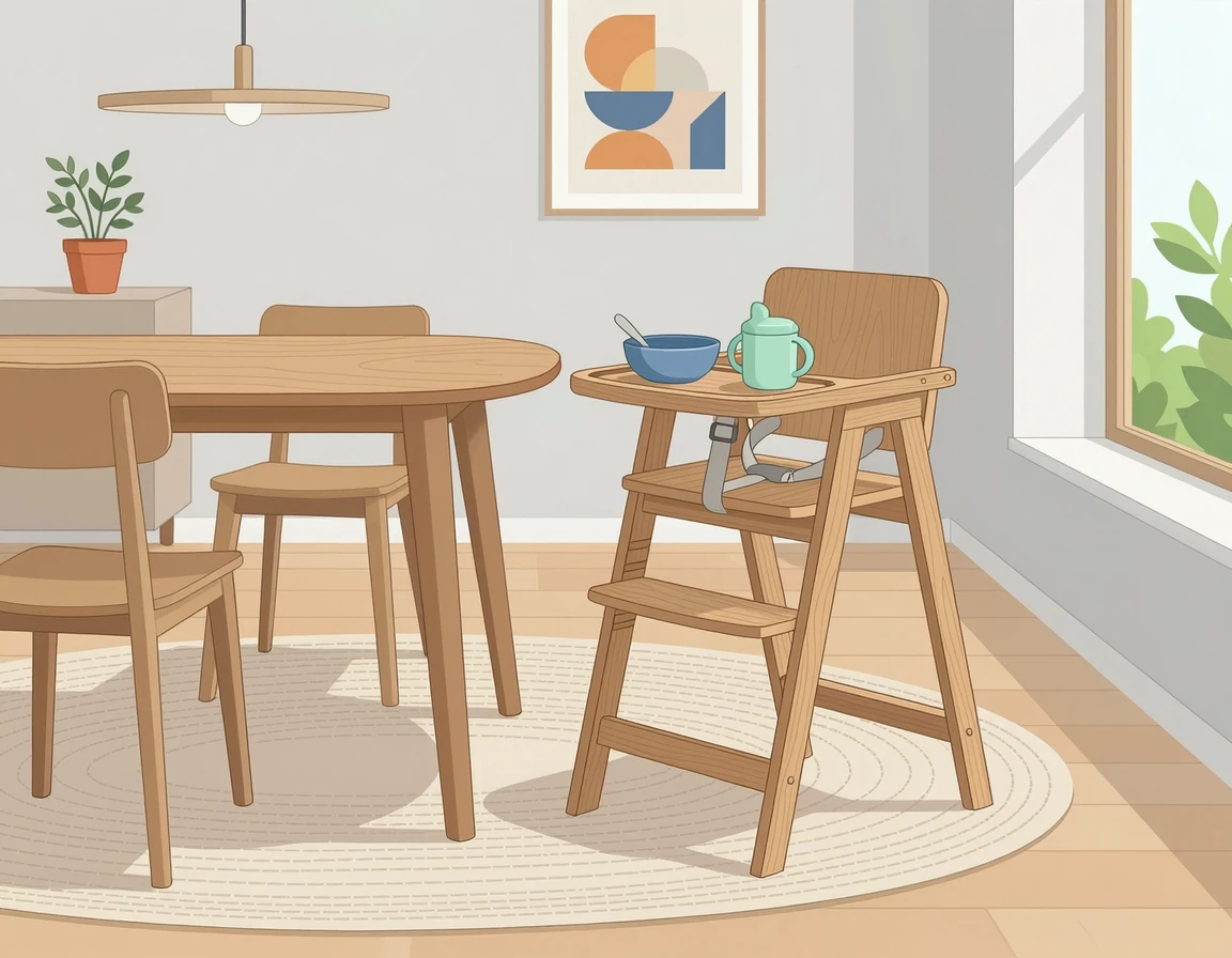 모던한 다이닝룸에 놓인 튼튼한 아기 원목 하이체어 일러스트