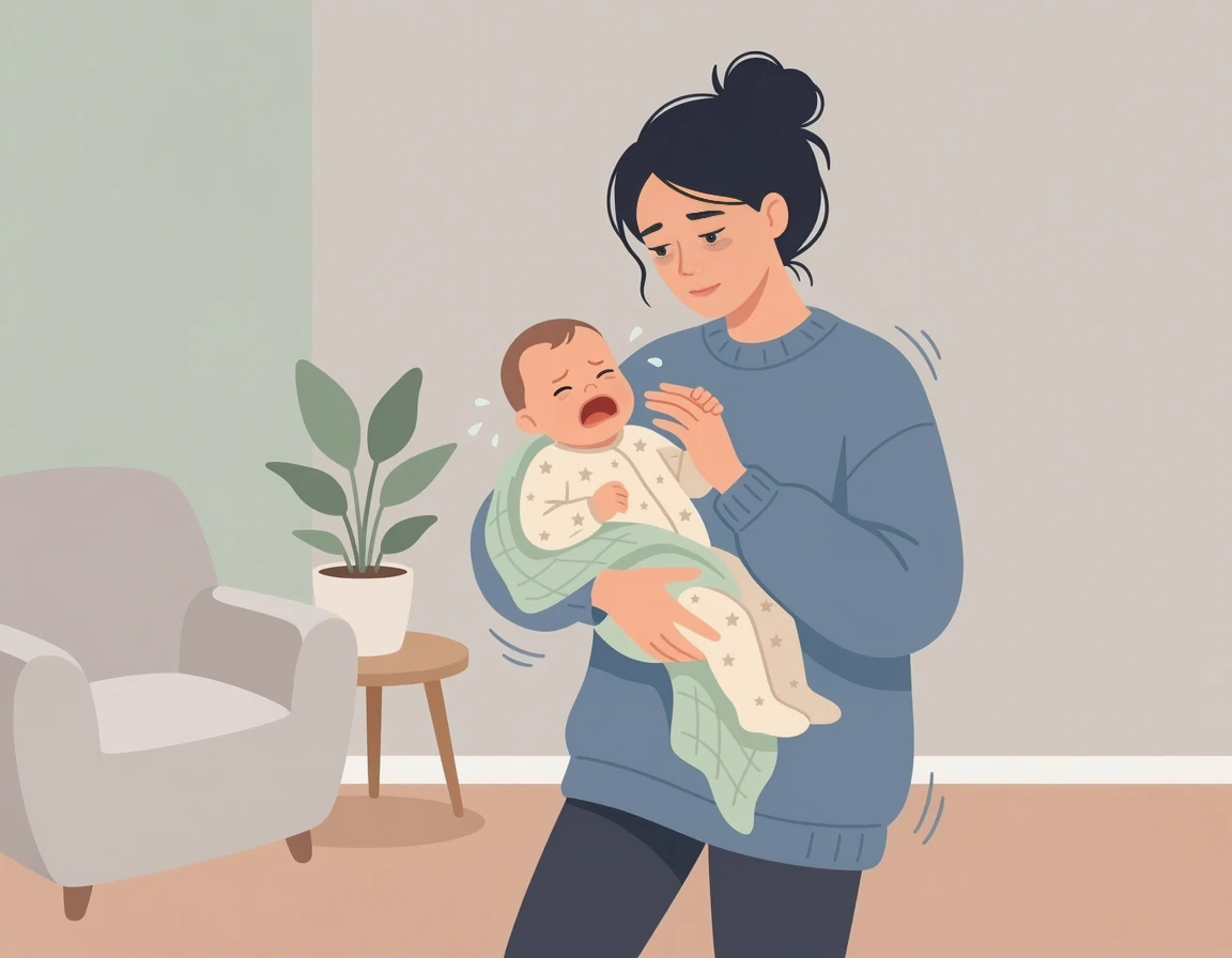 8개월 아기 분리불안 시기에 우는 아기를 안고 있는 엄마 일러스트