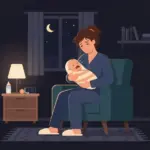 밤중 수유로 지친 엄마와 우는 아기 일러스트