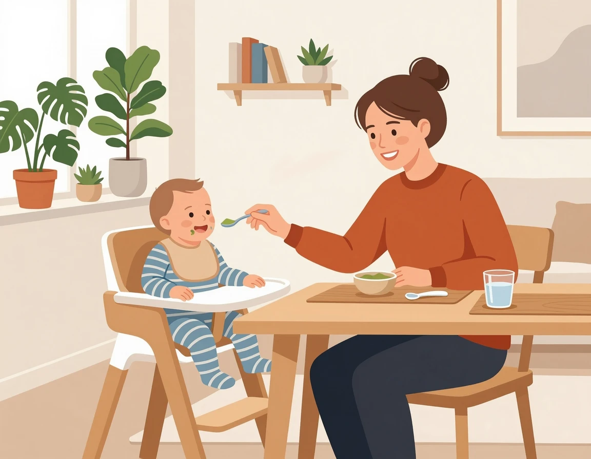 아기에게 이유식을 먹이는 행복한 워킹맘의 모습