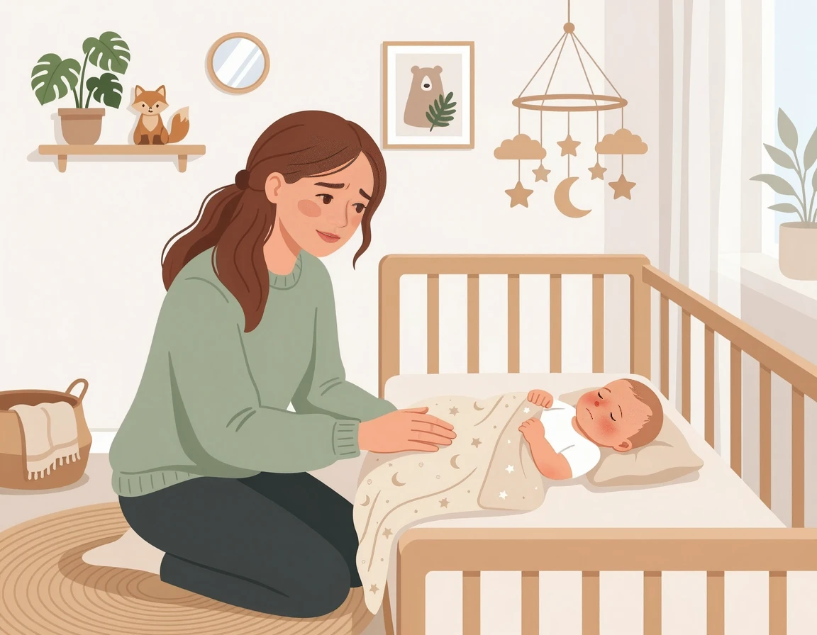 얼굴이 붉어진 아기를 걱정스럽게 바라보는 엄마의 모습 일러스트