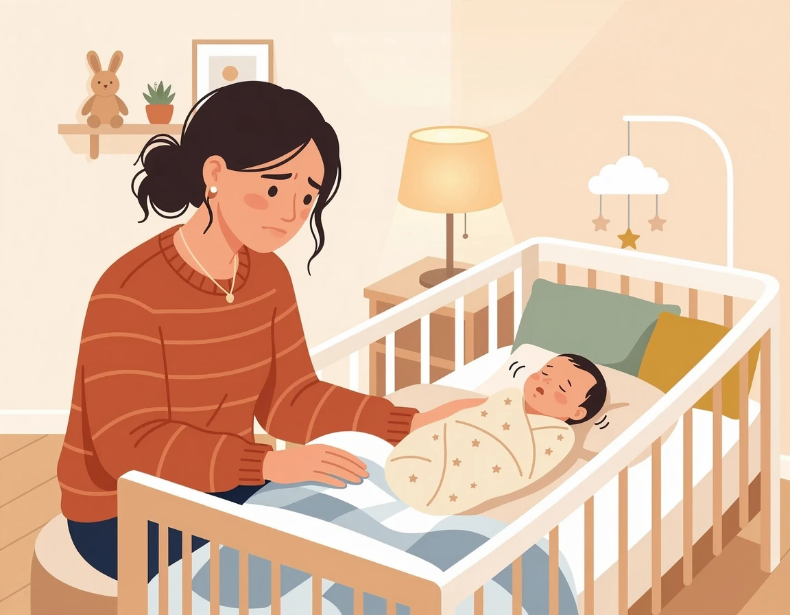 아기 침대에서 딸꾹질하는 신생아를 걱정스럽게 바라보는 엄마의 일러스트