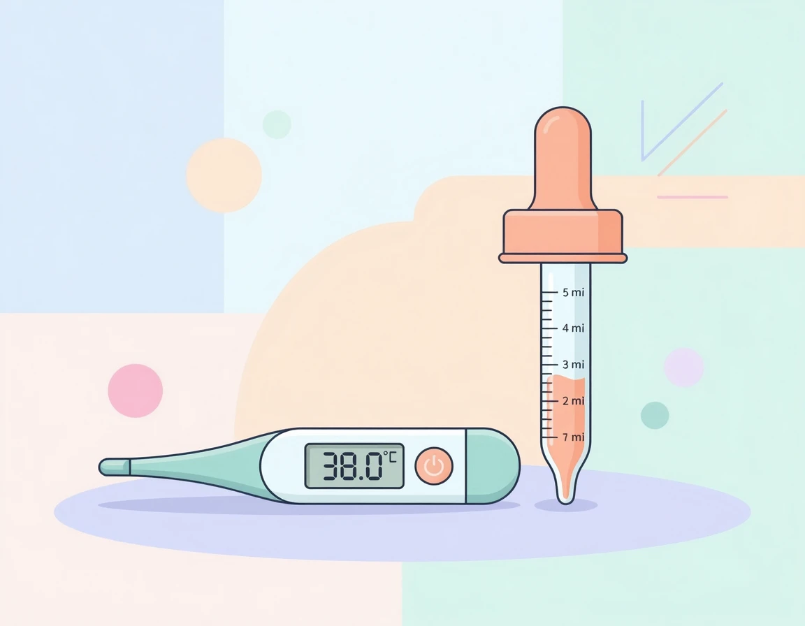 아기 해열제 투약기와 디지털 체온계 일러스트