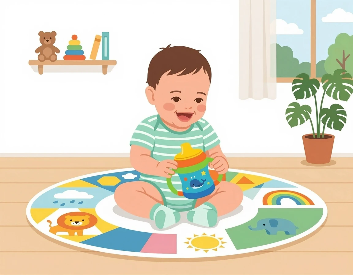 매트 위에서 빨대컵을 장난감처럼 가지고 노는 아기