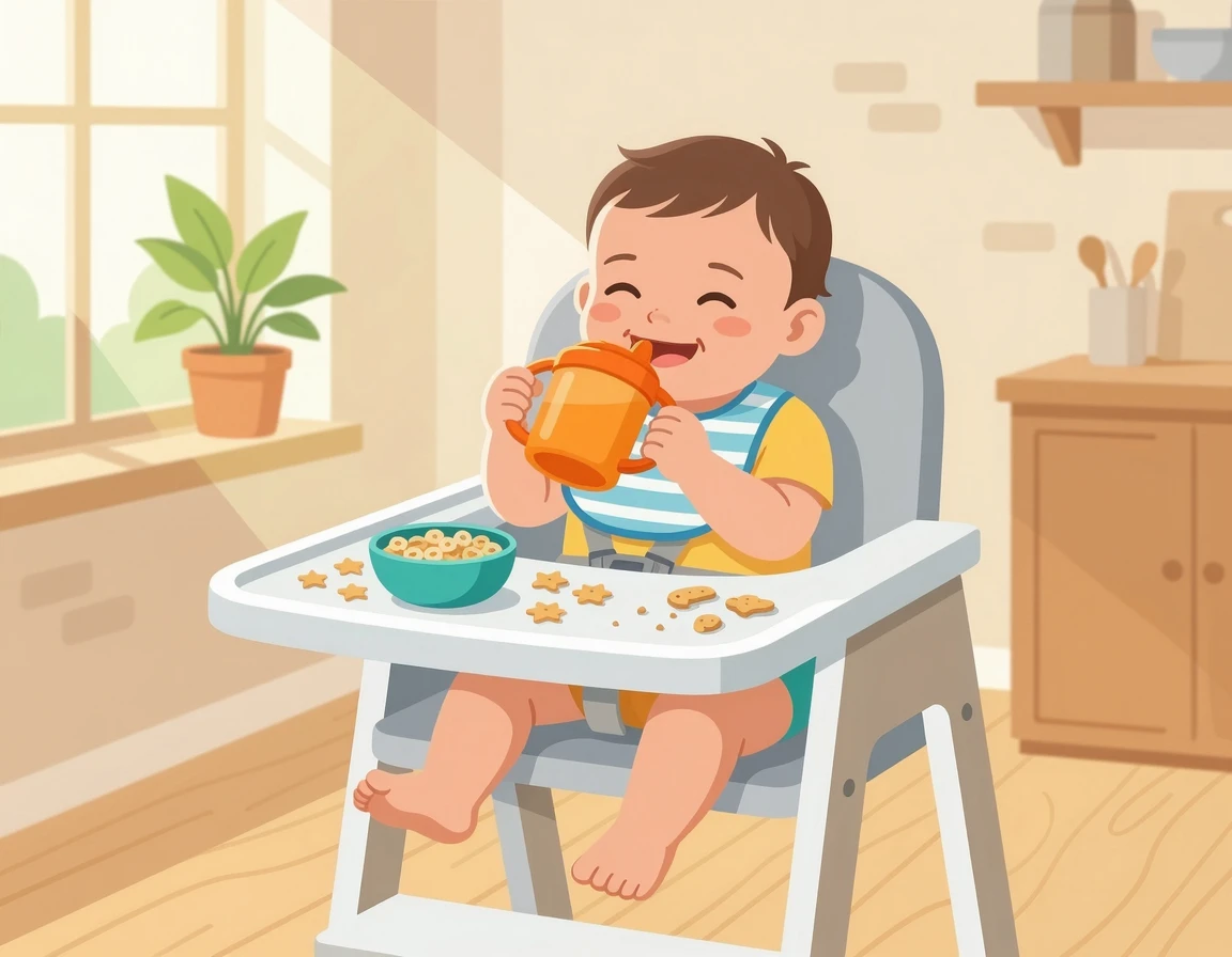 하이체어에 앉아 간식을 먹으며 빨대컵으로 물을 마시는 아기