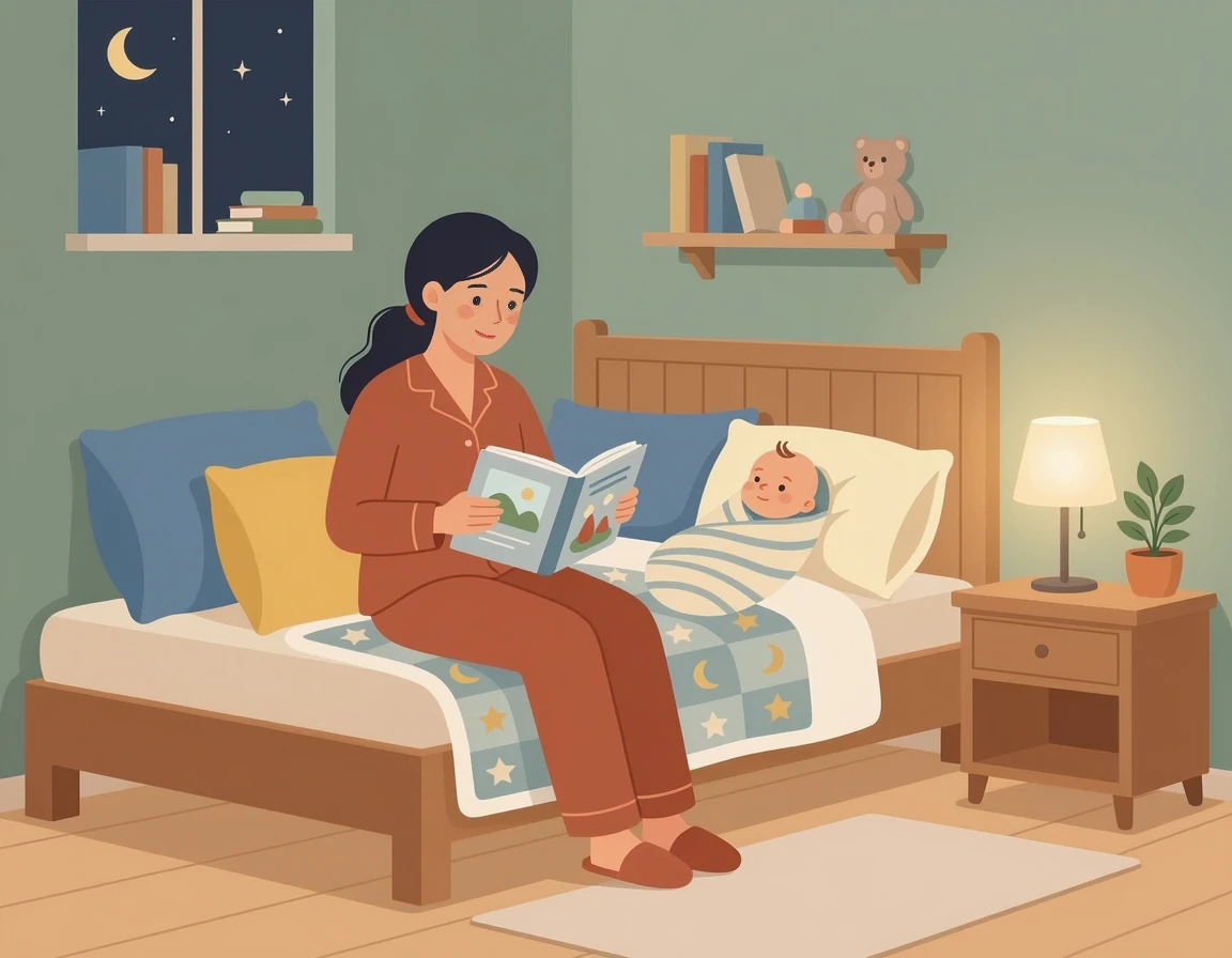 침실에서 젖병 없이 아기에게 동화책을 읽어주는 엄마