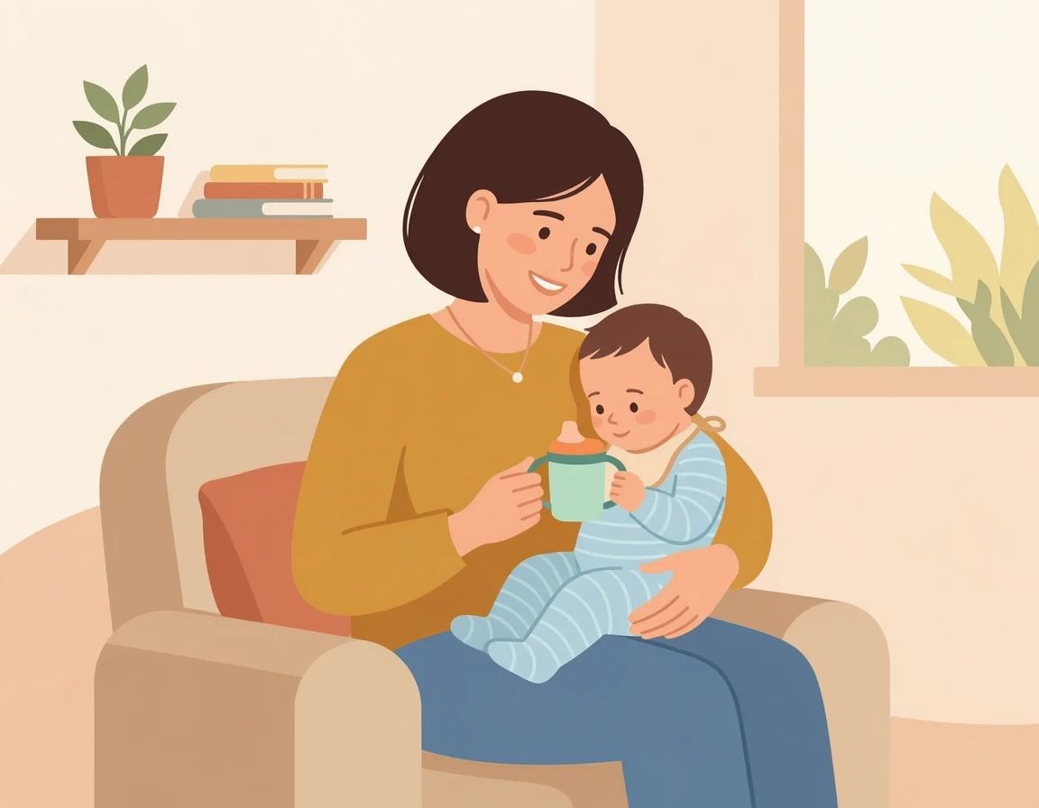 젖병 끊기를 고민하며 아기를 안고 있는 엄마의 모습