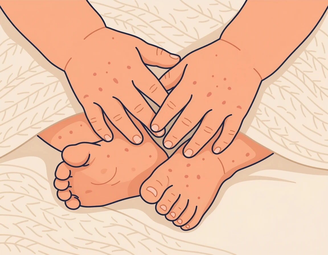 아기의 손과 발에 나타난 붉은 반점과 수포
