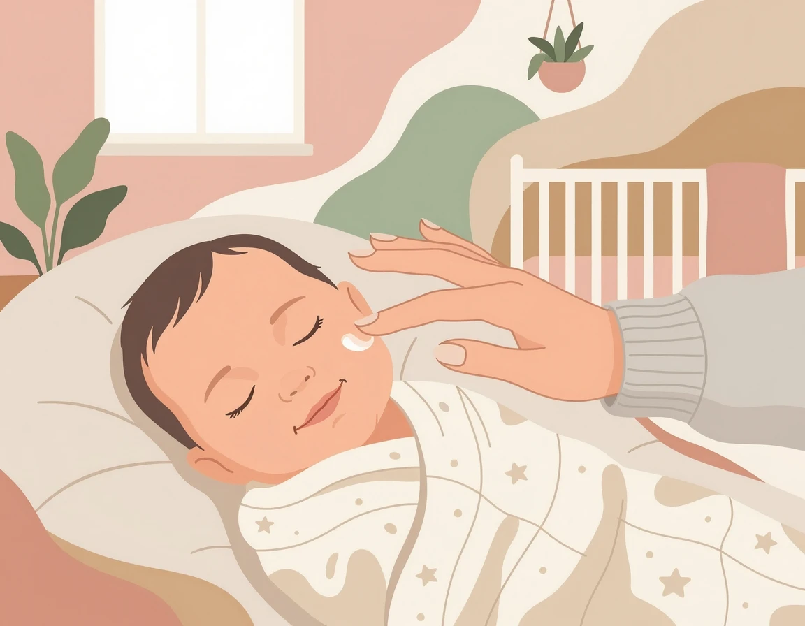 아기 볼에 부드럽게 로션을 발라주는 엄마의 손길 일러스트