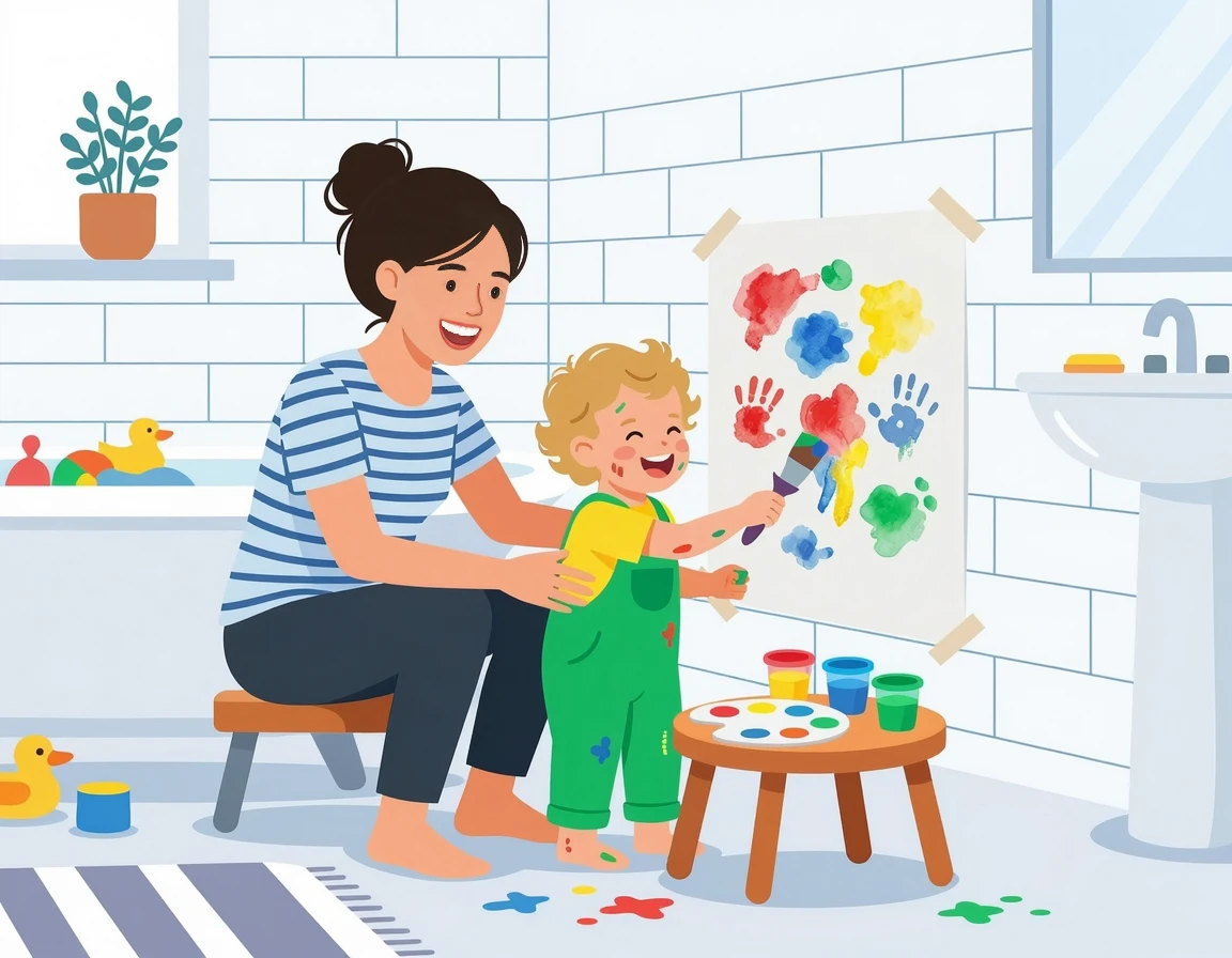 엄마와 함께 물감 놀이를 하며 웃는 아이