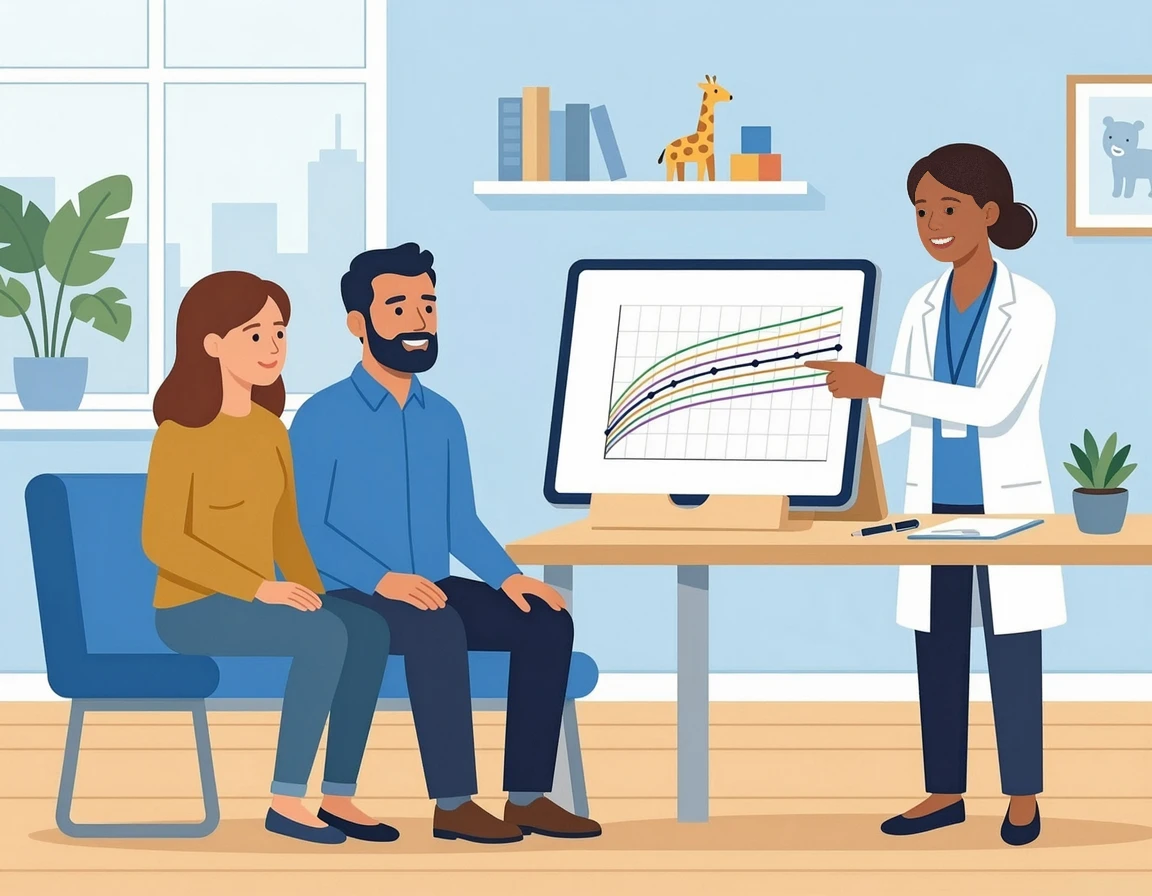 부모에게 황달 수치 그래프를 설명하는 소아과 의사