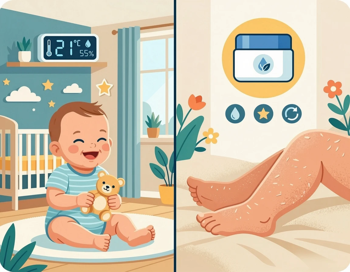 시원한 환경에서 편안한 아기와 건조한 피부 보습이 필요한 상황 비교 일러스트