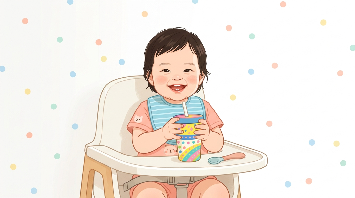 밝게 웃는 12개월 한국 아기가 하이체어에 앉아 알록달록한 빨대컵을 두 손으로 잡고 있는 장면