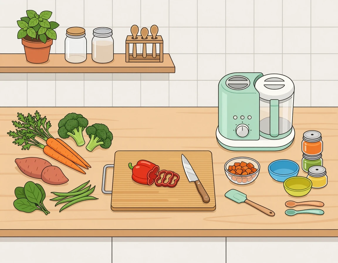 부엌 조리대 위에 놓인 신선한 채소와 이유식 조리 도구들
