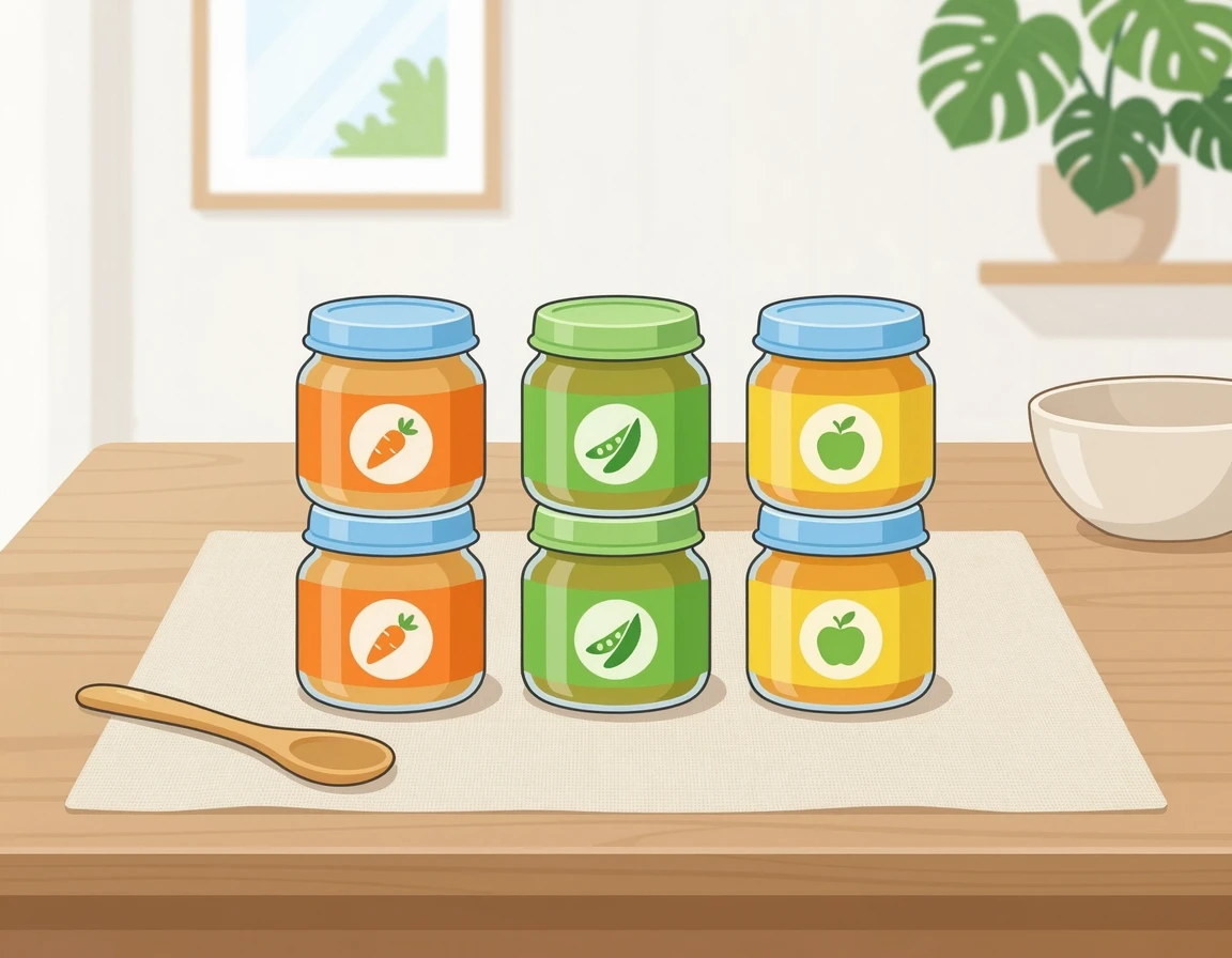 깔끔하게 포장된 시판 이유식 용기들이 놓인 테이블