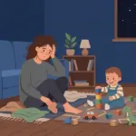 새벽에 깨서 노는 아기와 지친 엄마의 모습