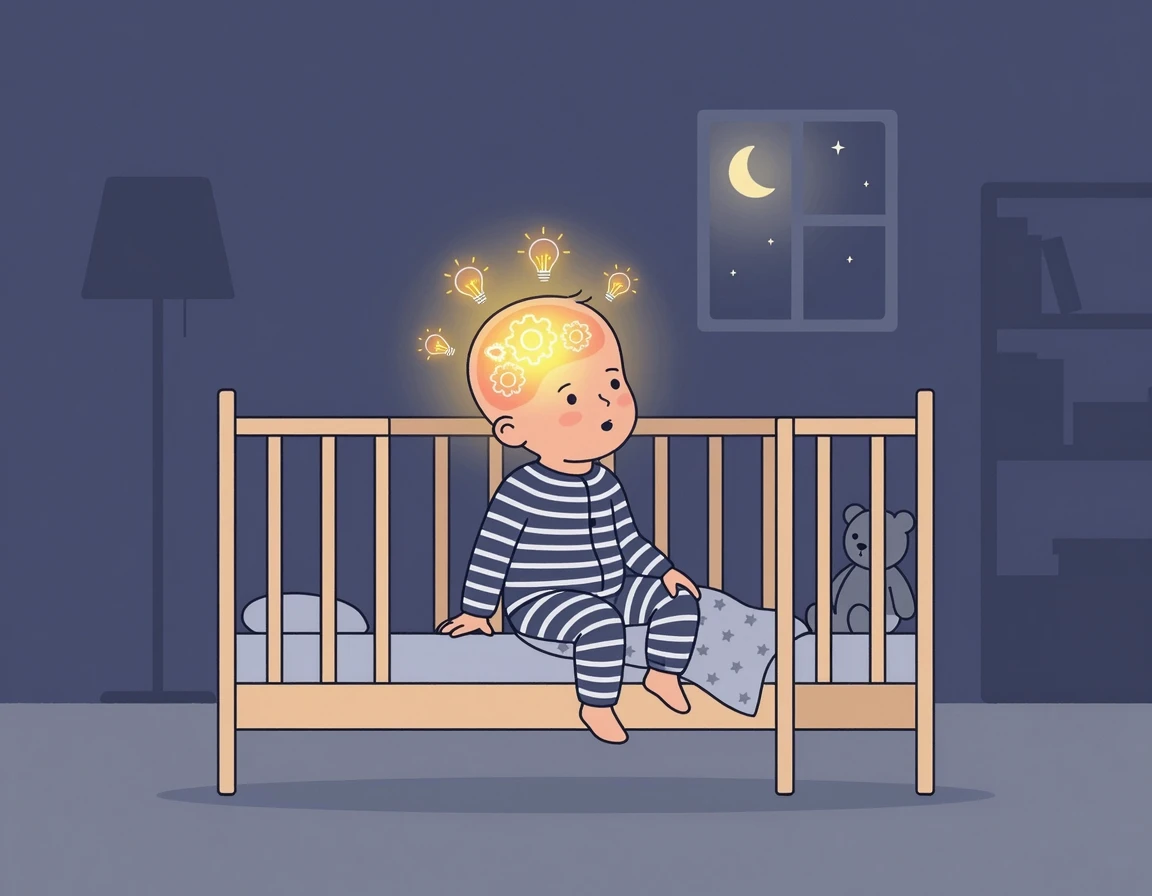 18개월 아기의 뇌 발달과 야간 각성을 표현한 일러스트