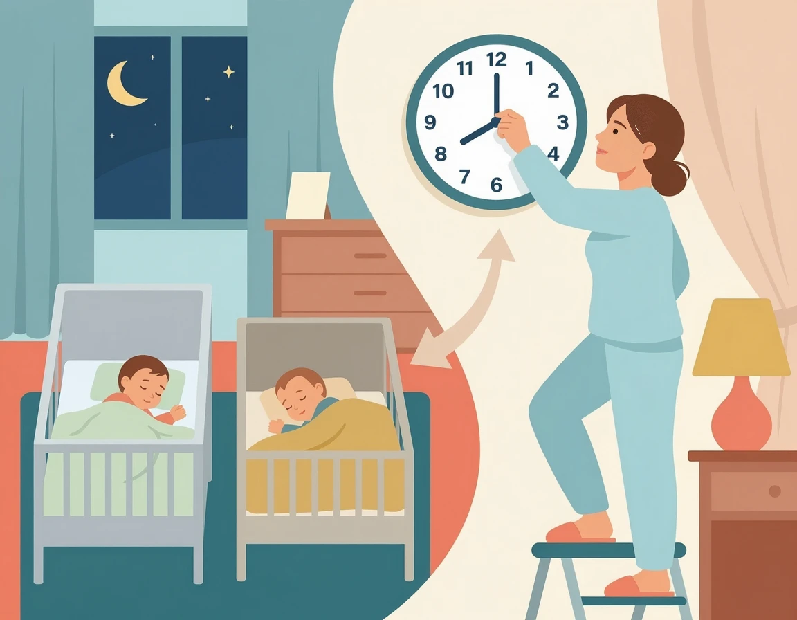 수면 스케줄을 맞추는 시계와 쌍둥이 일러스트