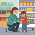 마트에서 떼쓰는 5세 아이와 당황한 엄마의 모습