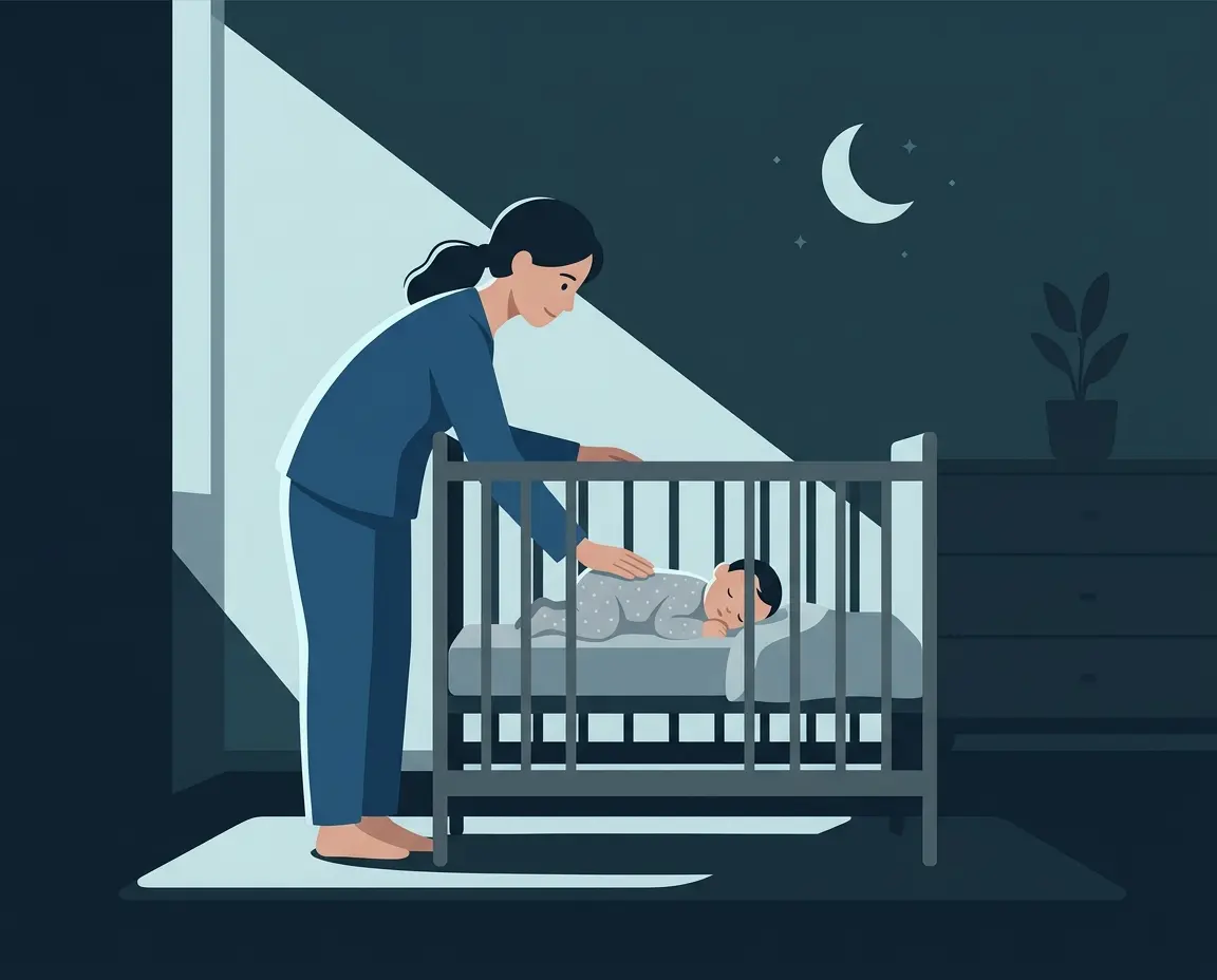 어두운 방에서 아기를 안아 올리지 않고 토닥이는 엄마