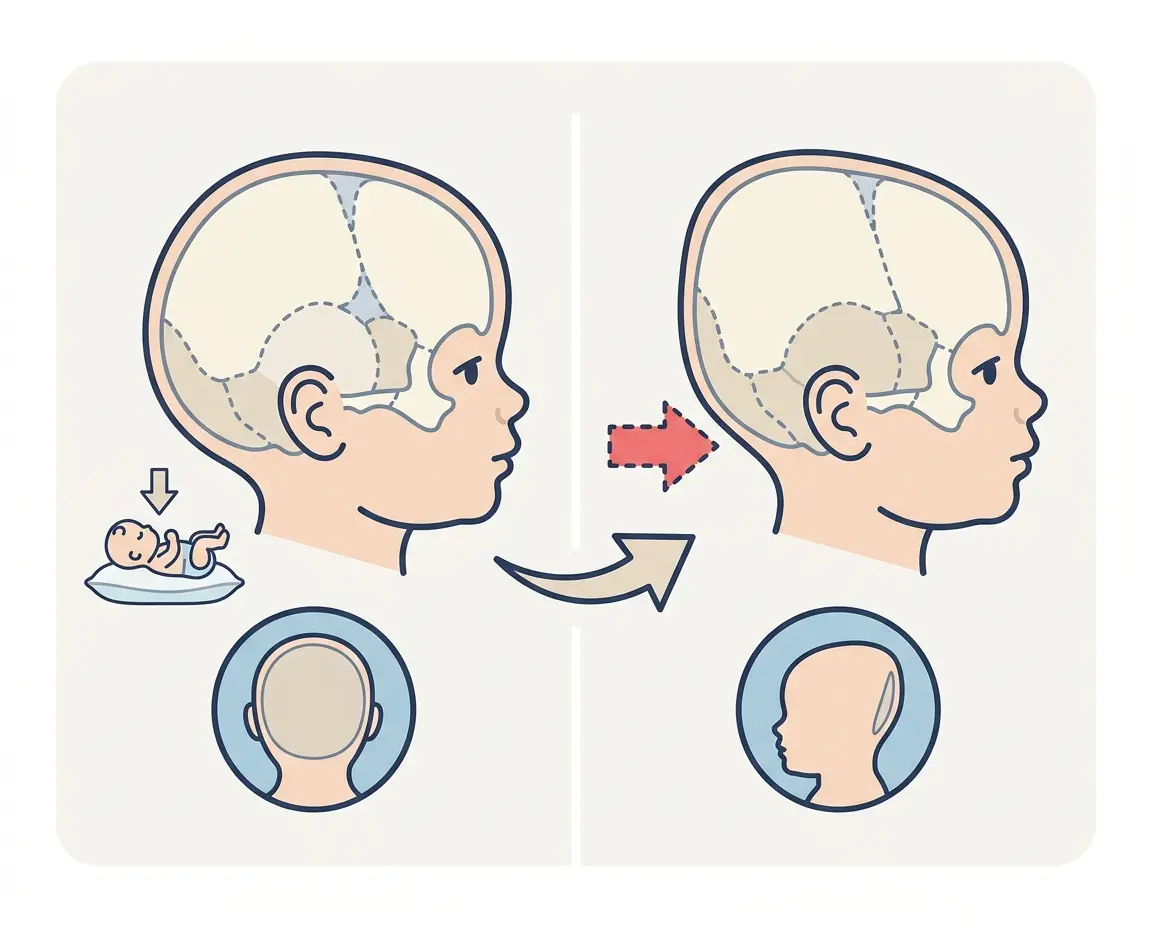 아기 두개골이 한쪽으로 눌려 평평해지는 원리를 설명하는 일러스트