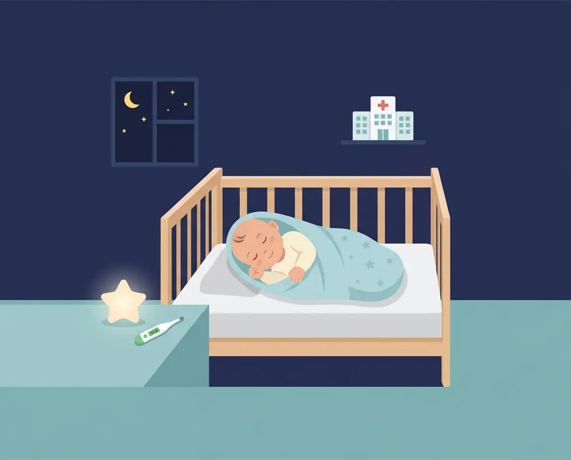 열이 내린 후 편안하게 자는 아기와 병원 방문 기준을 상징하는 일러스트