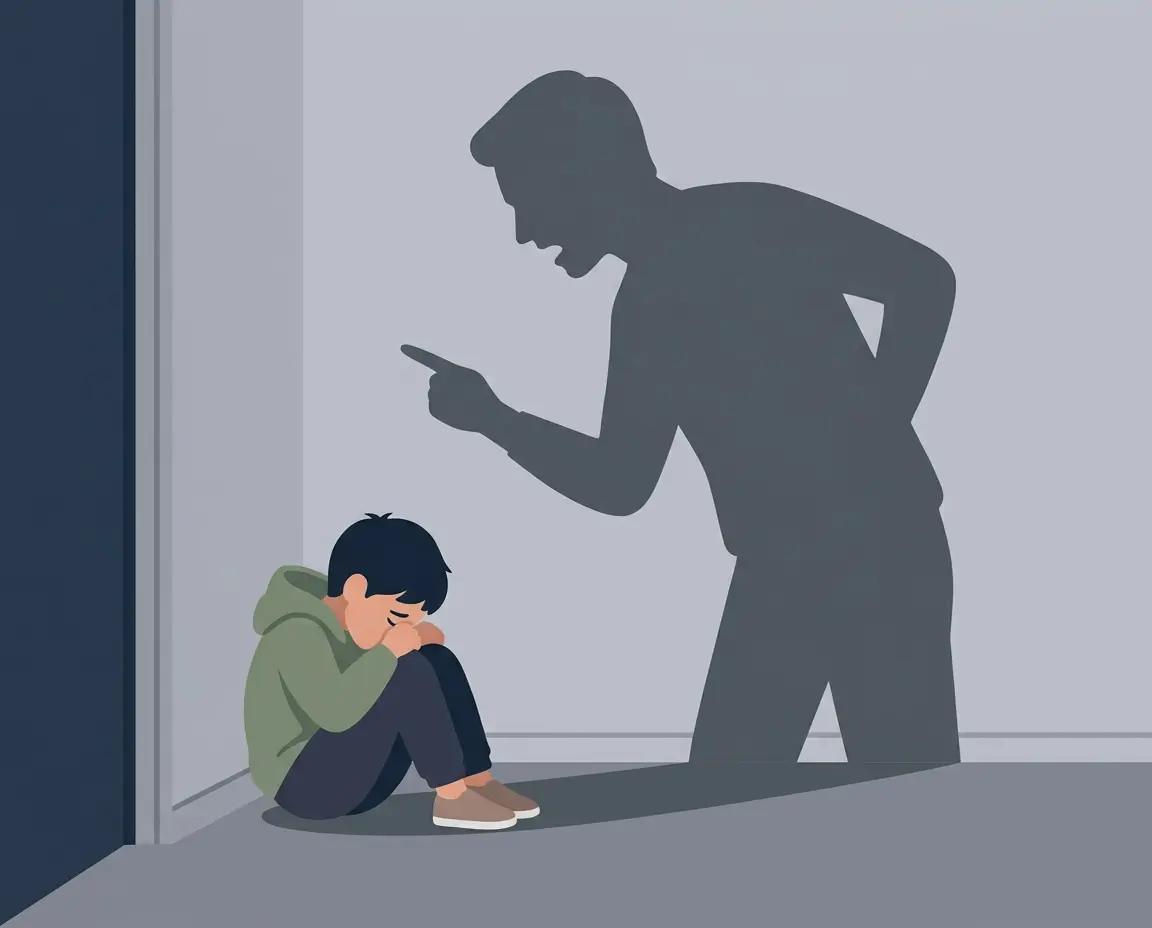 부모에게 심하게 혼나서 주눅이 든 아이의 모습을 표현한 일러스트