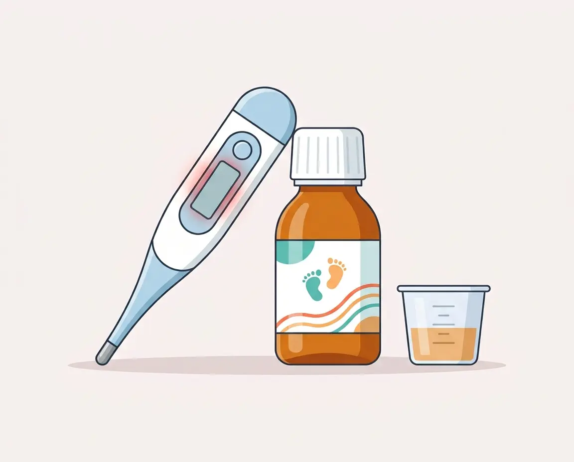 체온계와 어린이용 해열제 시럽